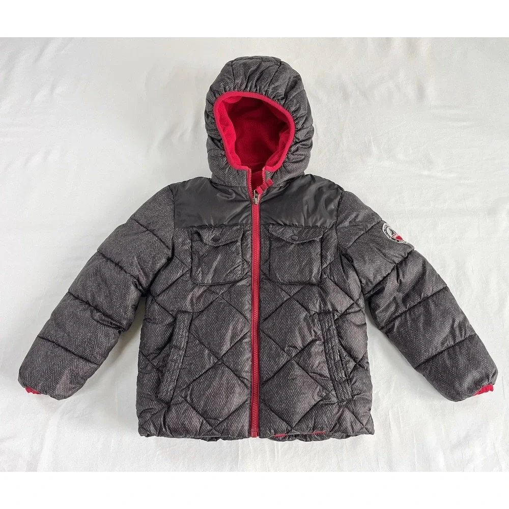 Snozu Kids Youth Puffer‎ Jacket Size 5 Black Red Hooded Fleece Lined Coat
